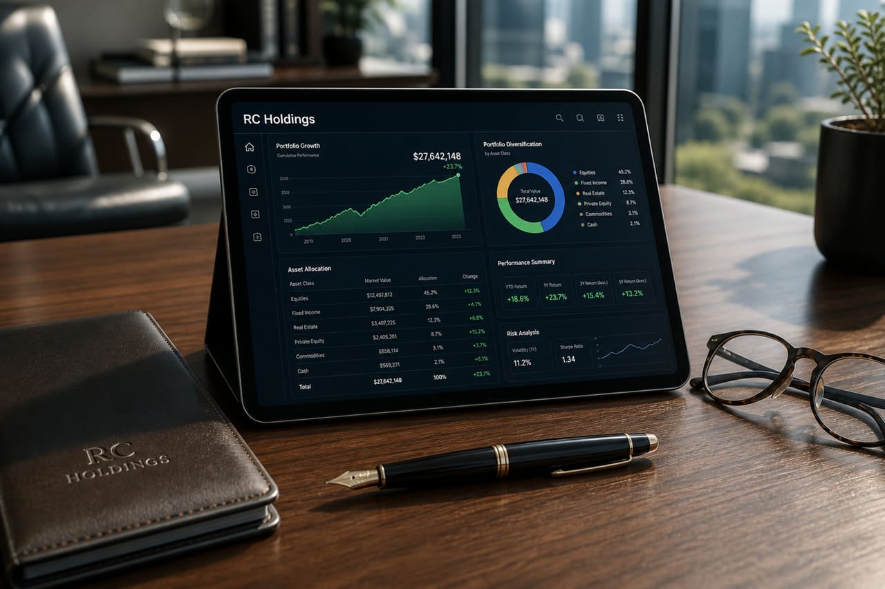 Financial Dashboard for Rc Holdings on a Modern Office Desk