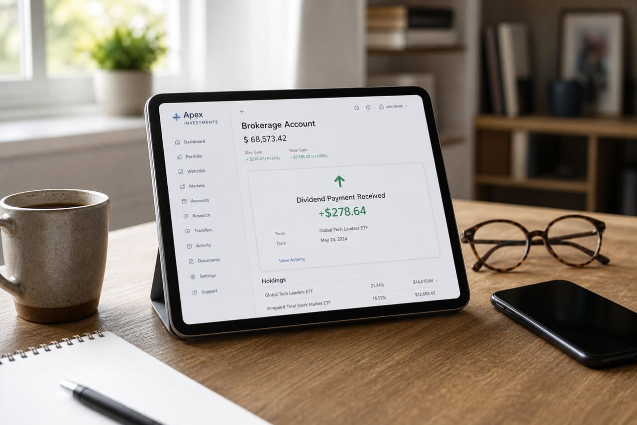Tablet Displaying Dividend Payment Notification on a Home Desk