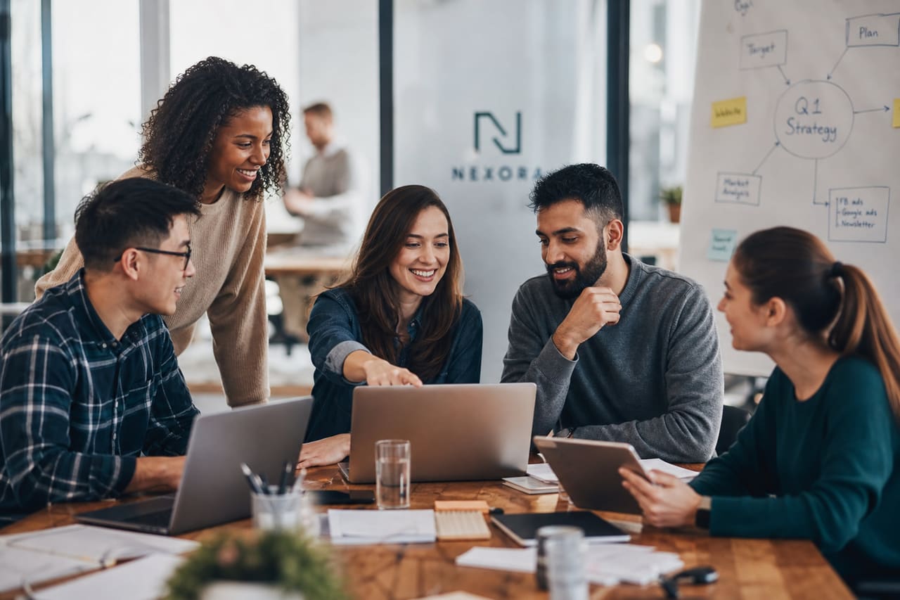 Diverse Professionals Collaborating in a Modern Corporate Office