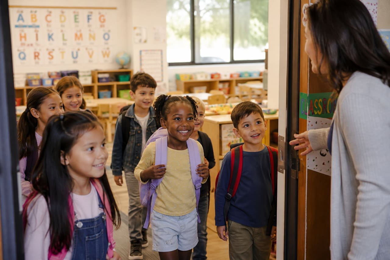 Young Students Entering a Primary Classroom on Their First Day