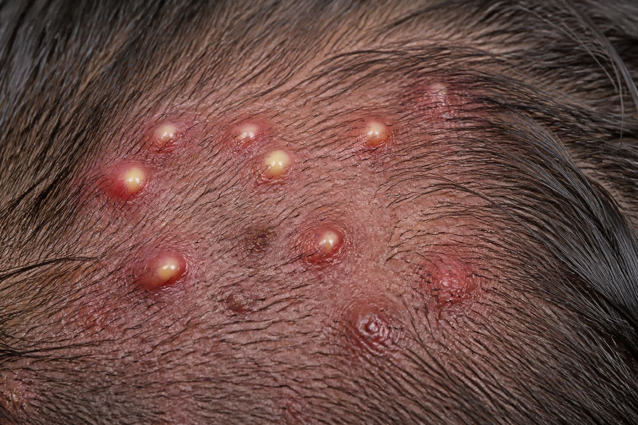 Close-Up of Pustules on a Human Scalp