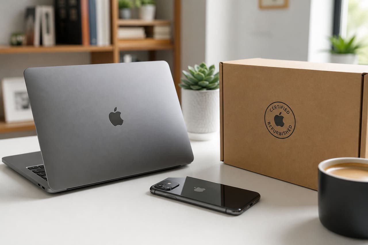 Refurbished Apple Laptop and Smartphone on Minimalist Desk
