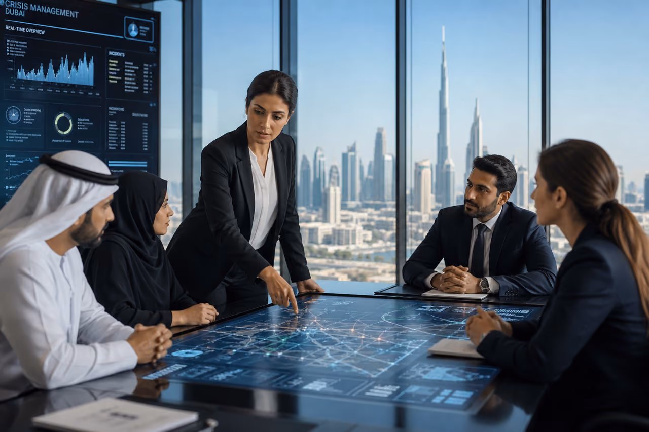Crisis Management Team Strategizing in a Dubai Command Center