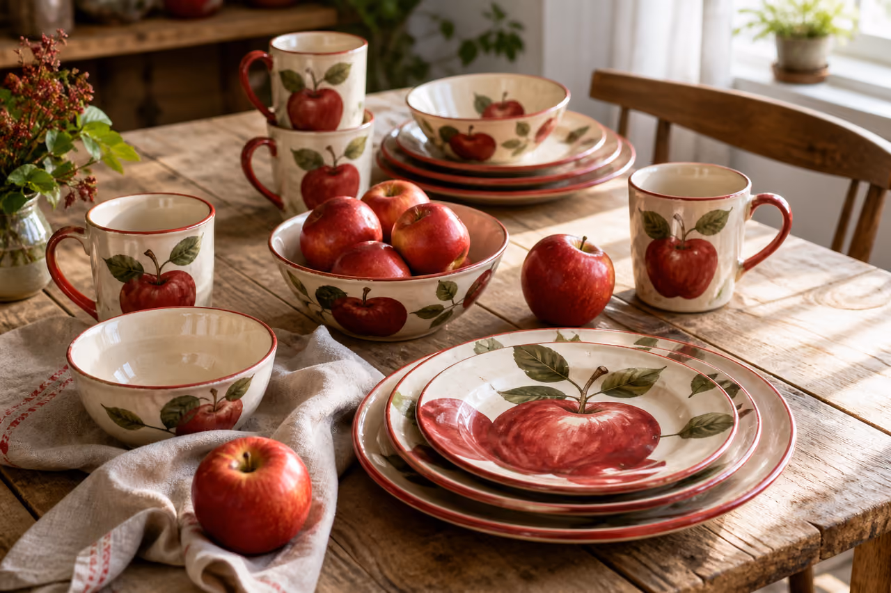 Red Apple Dinnerware Sets Arranged on a Rustic Wooden Table