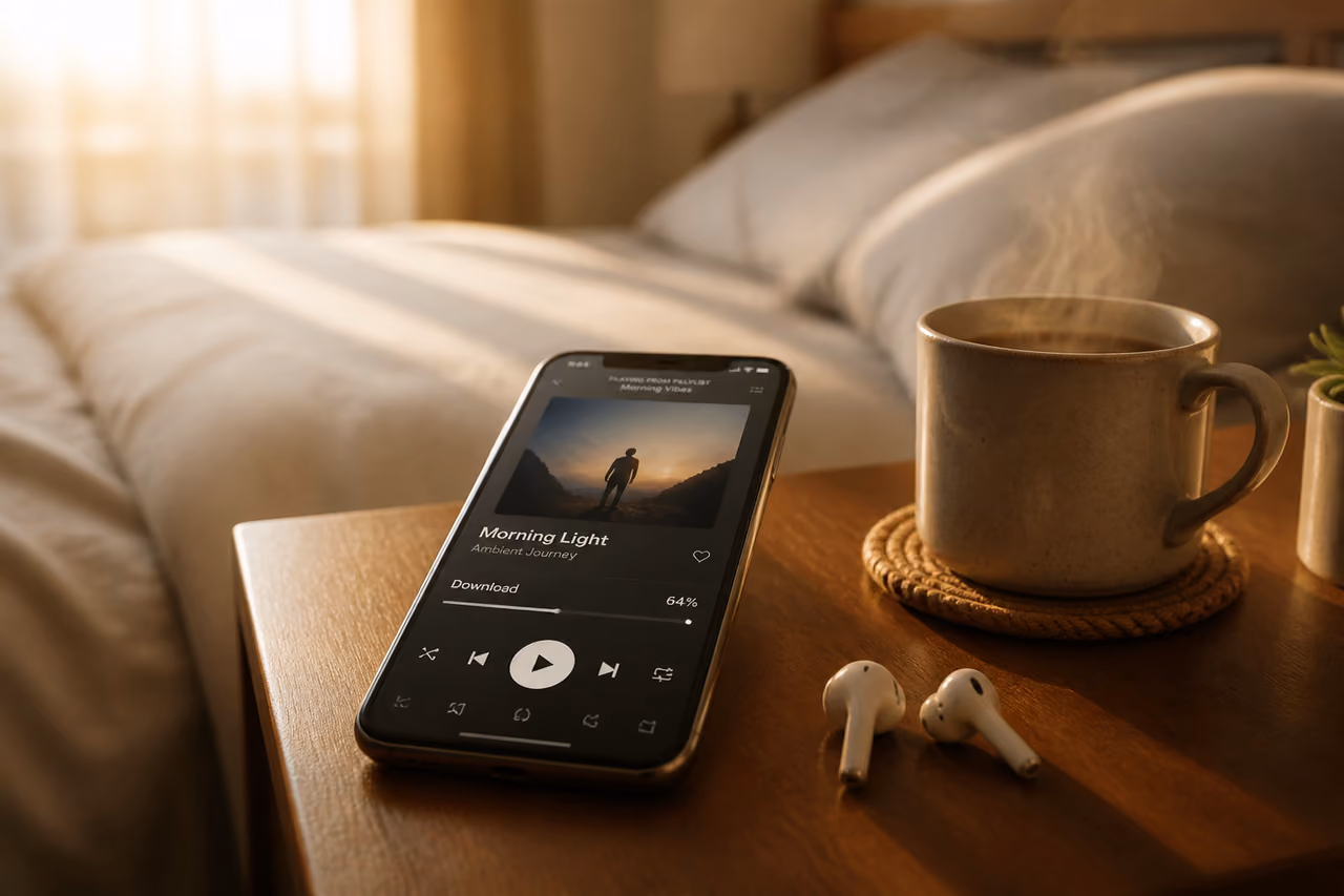 Smartphone Downloading Music Video on a Bedside Table