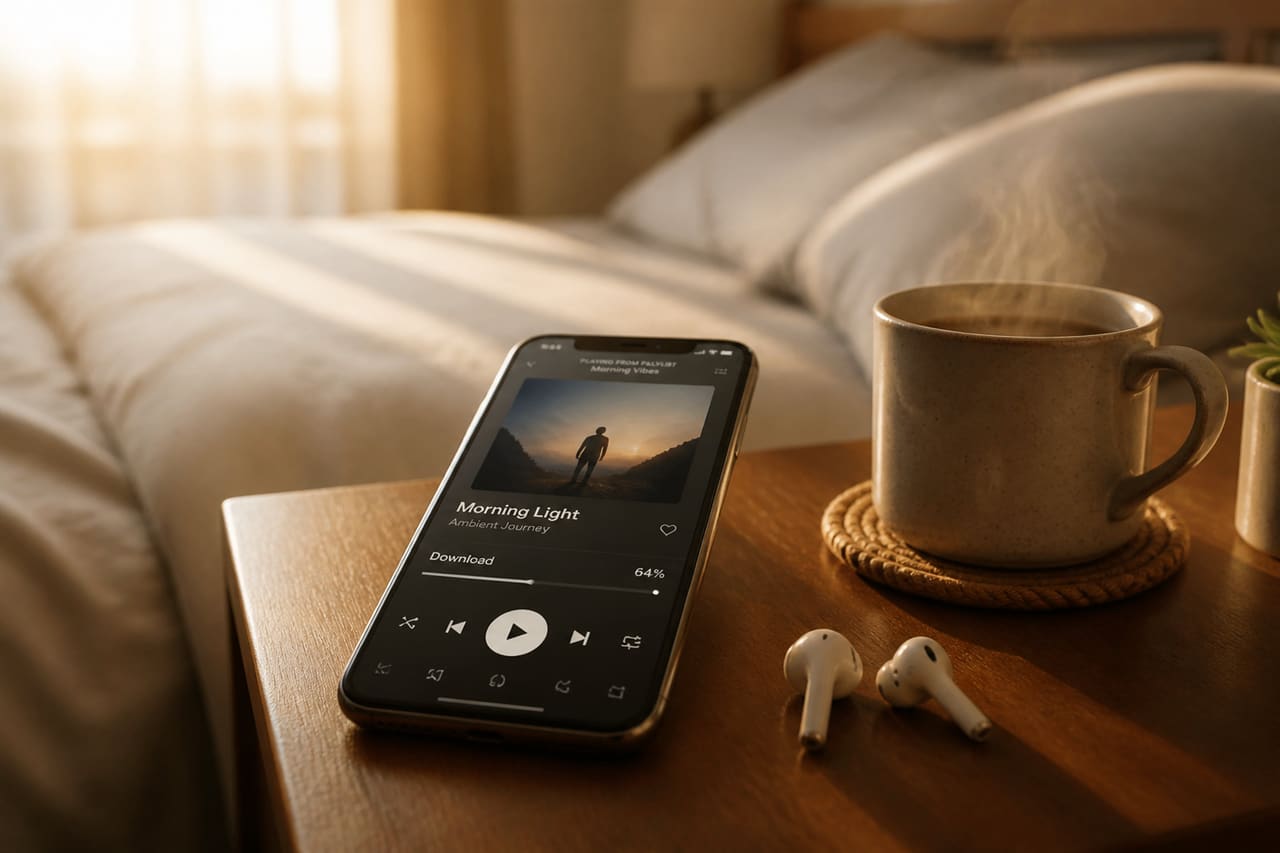 Smartphone Downloading Music Video on a Bedside Table