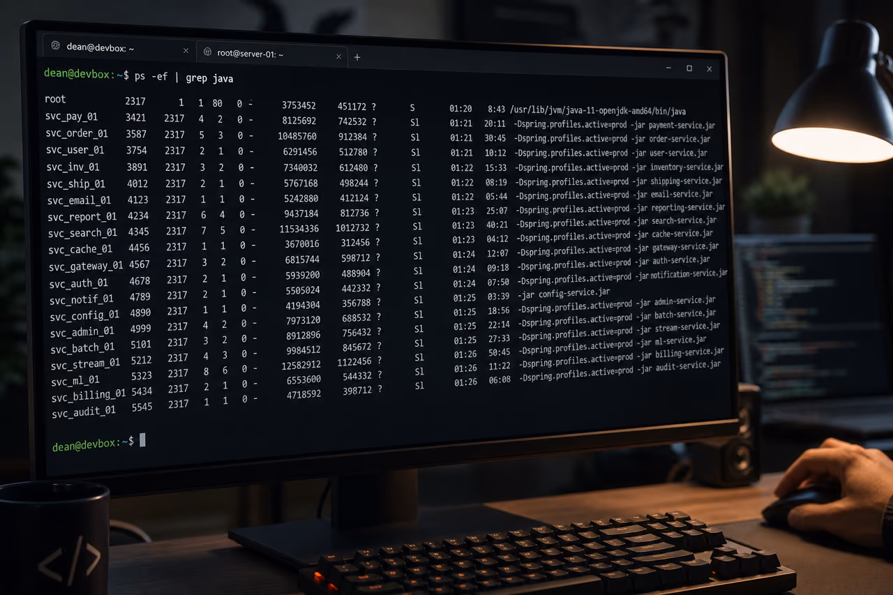 Linux Terminal Displaying Java Process Search Command