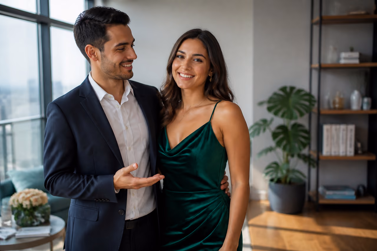 Proud Man Presenting His Partner in a Modern Living Room