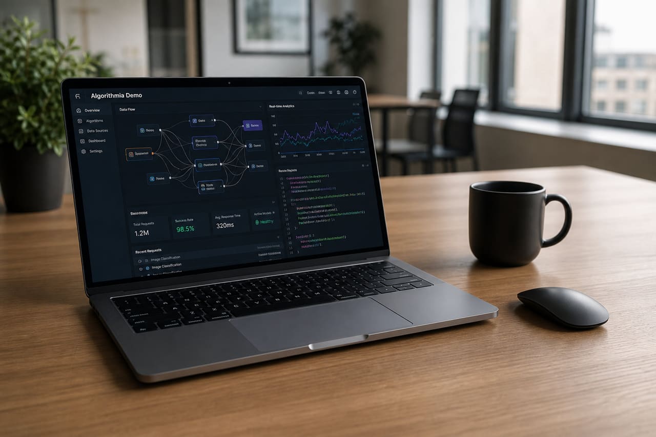 Software Developer Reviewing an Algorithmia Demo on a Laptop