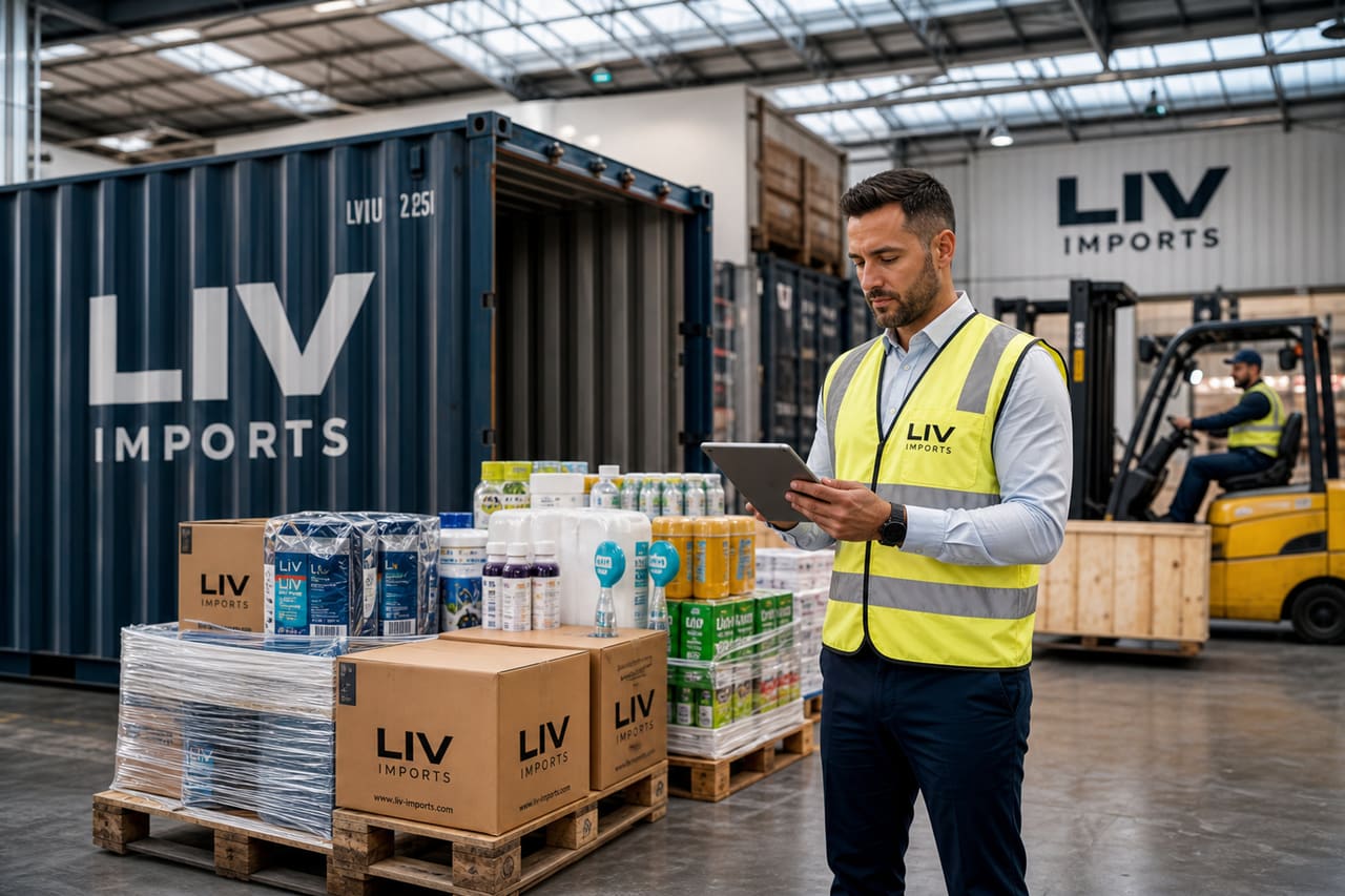 Logistics Manager Overseeing Liv Imports in a Modern Warehouse