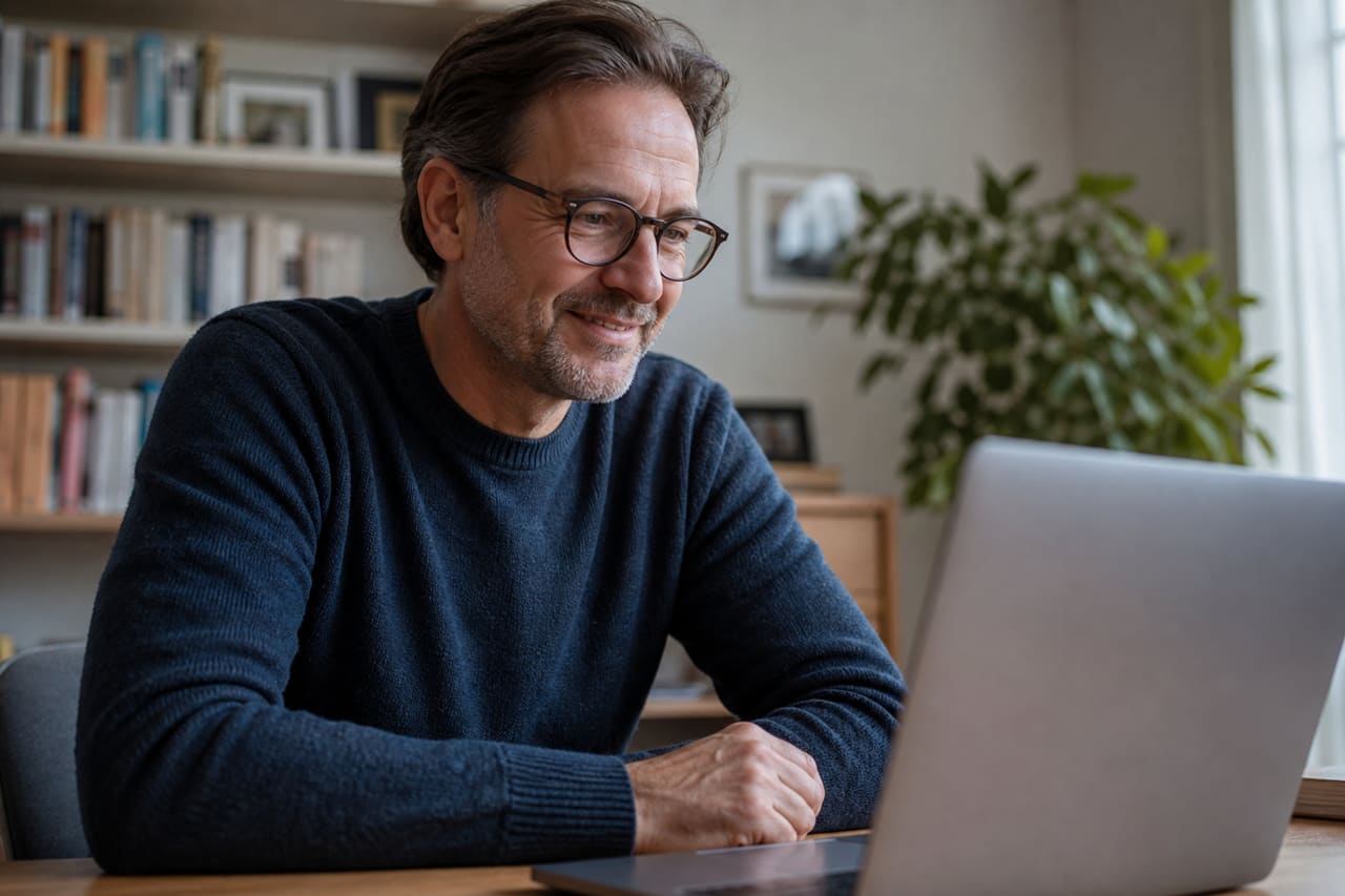 Man Viewing Social Media Profile on Laptop at Home