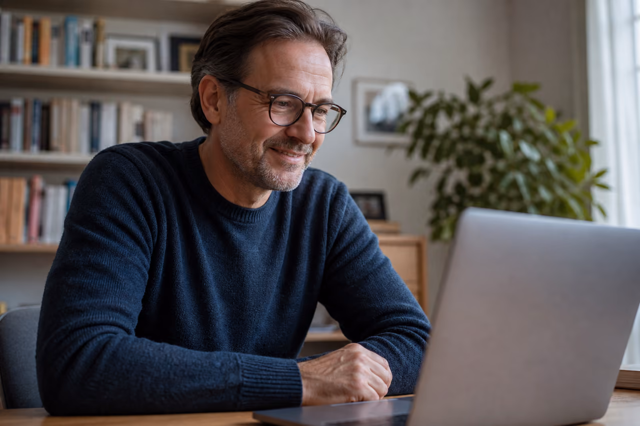 Man Viewing Social Media Profile on Laptop at Home