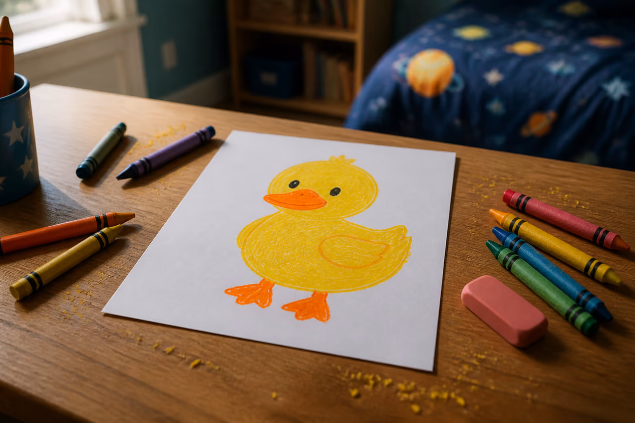 Child's Crayon Drawing of a Yellow Duck on Paper
