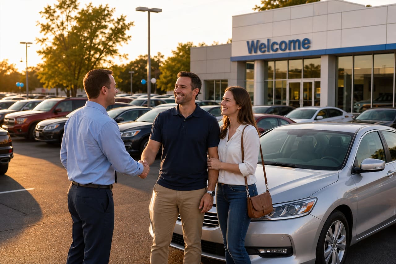 Couple Shaking Hands with Salesman at Used Car Dealership