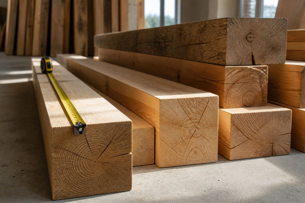Various Structural Timber Beams Dimensions on a Construction Floor
