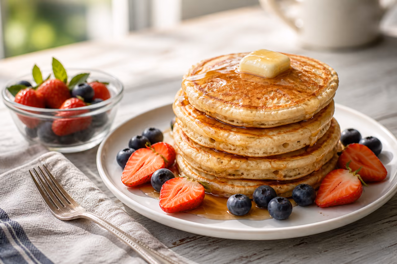 Stack of Healthy Pancakes with Fresh Berries and Syrup