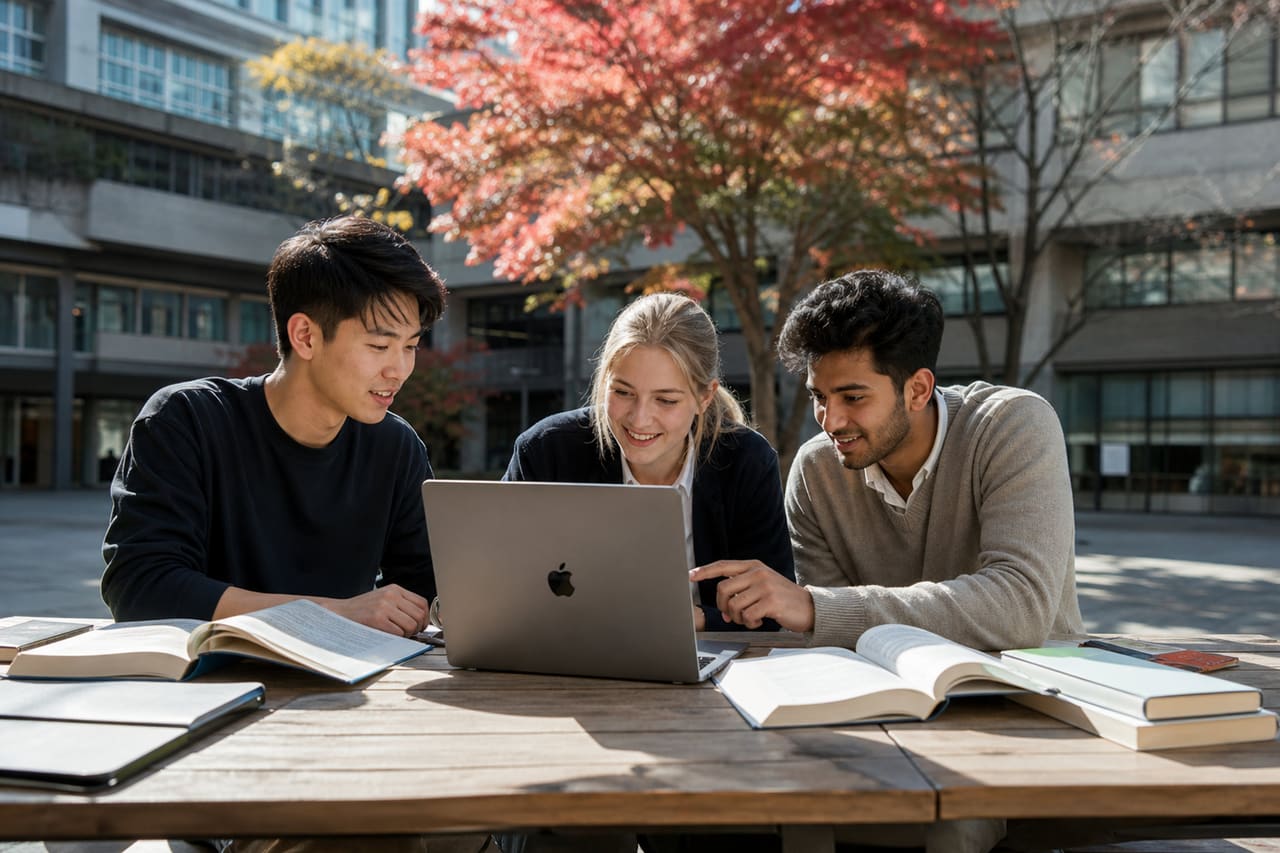 International Students Studying Together on a Japanese College Campus