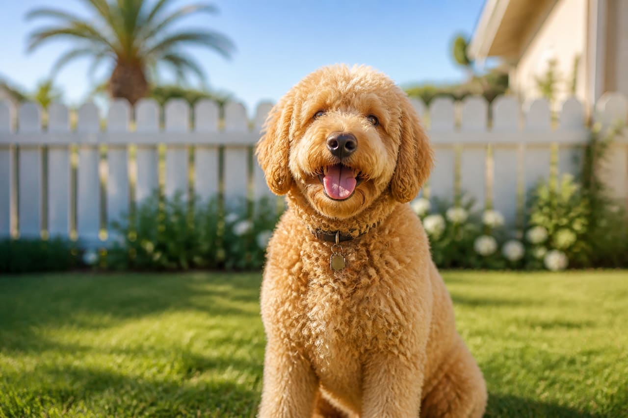 Happy Apricot Labradoodle Sitting in a Sunny California Backyard