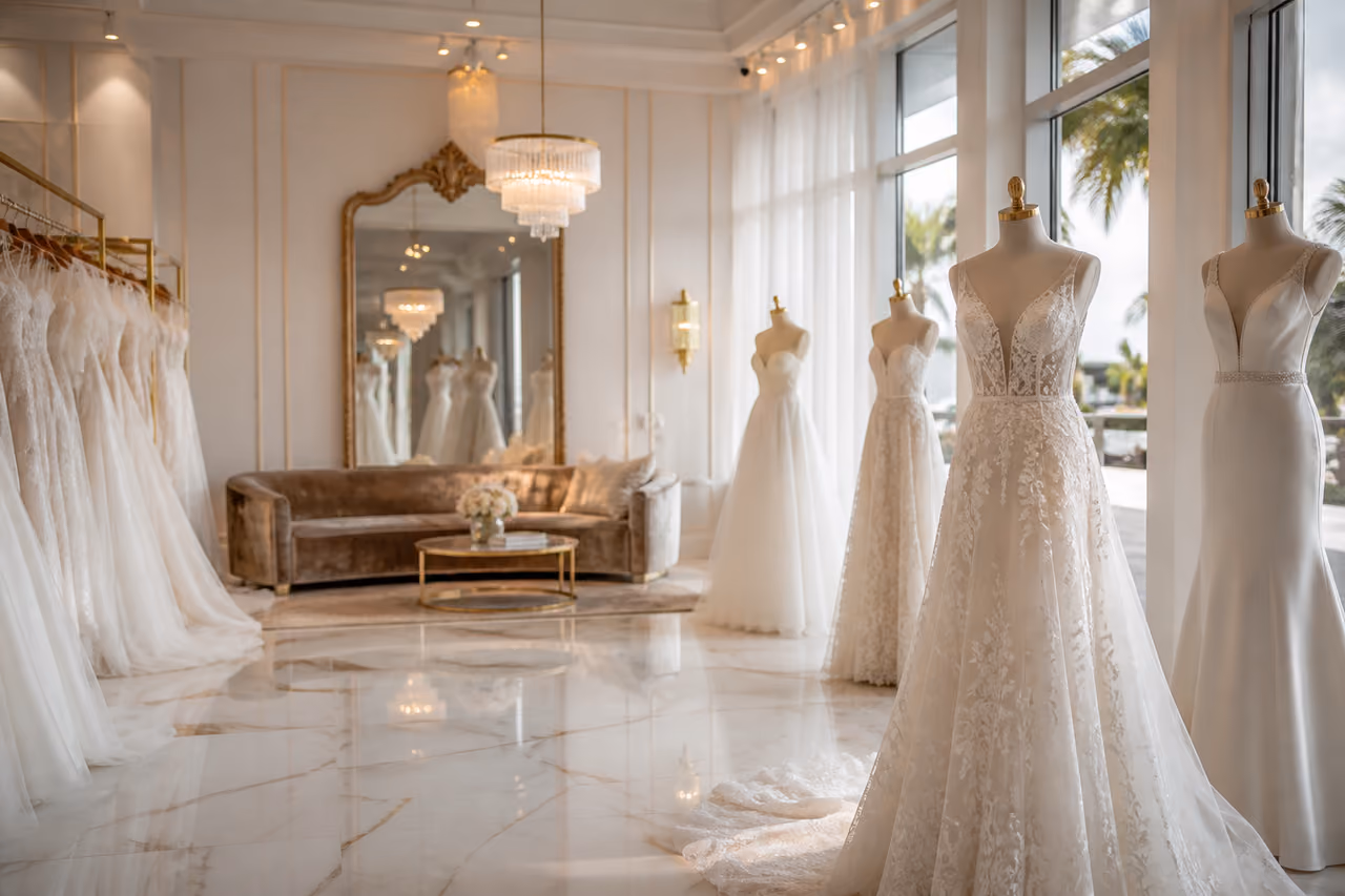 Luxury Bridal Boutique Interior with Elegant Wedding Gowns