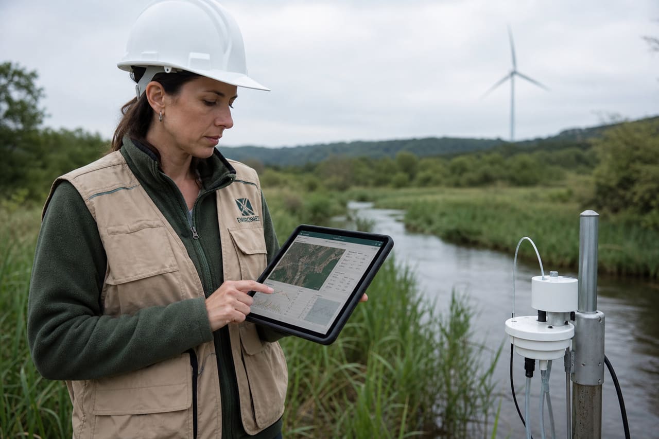 Environmental Scientist Conducting Field Assessment in a Wetland
