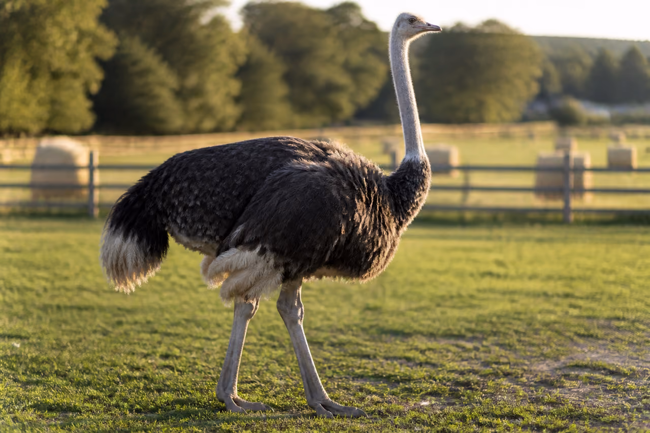 Adult Ostrich Standing in a Rural Farm Paddock