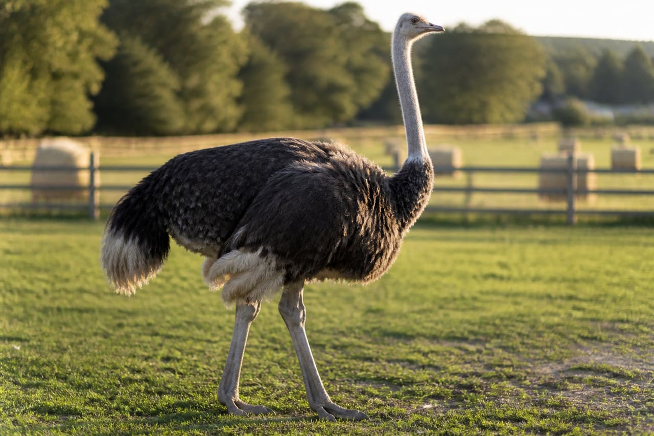 Adult Ostrich Standing in a Rural Farm Paddock