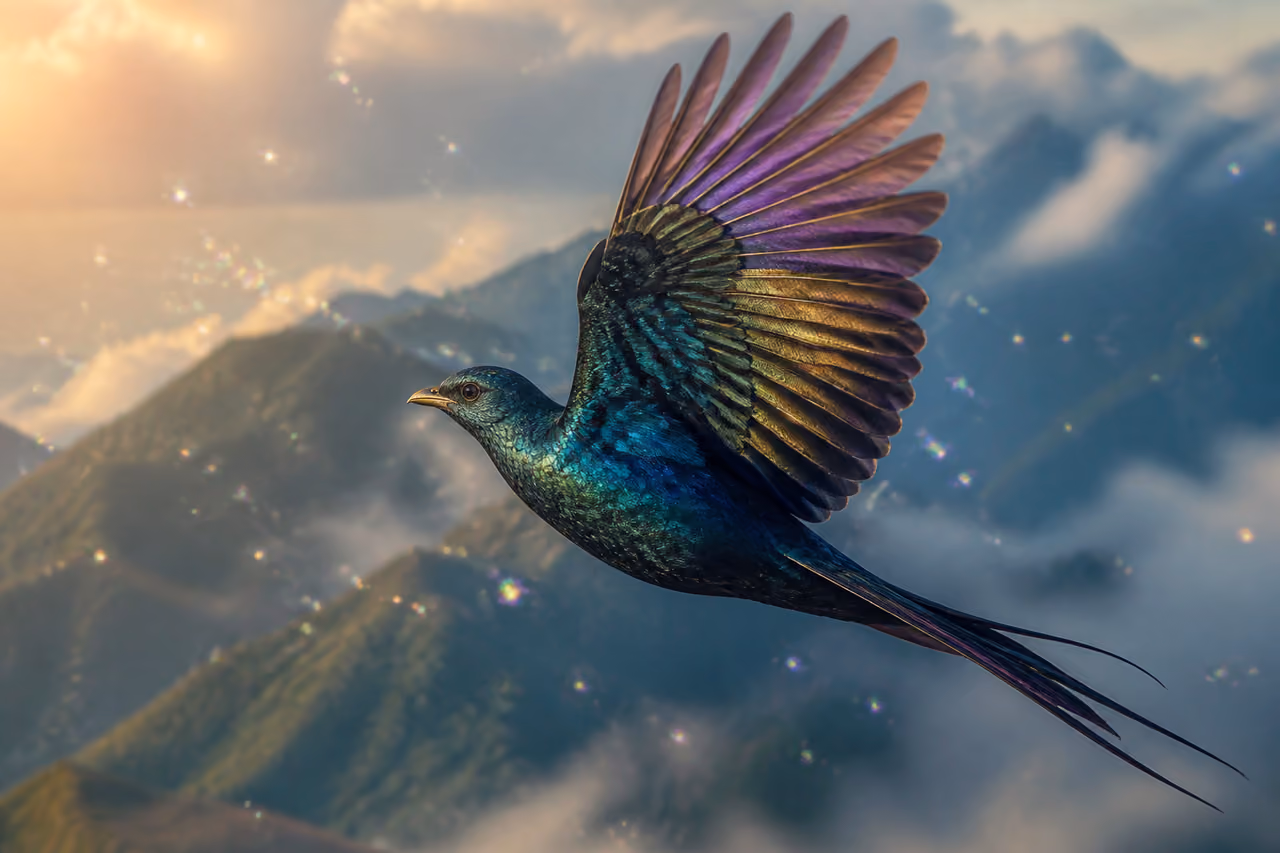 Mystical Iridescent Bird Soaring Through a Golden Ethereal Sky