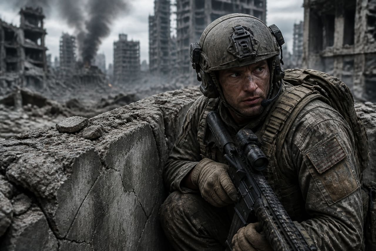 Lone Soldier Crouching Behind Concrete Barrier in Ruined City