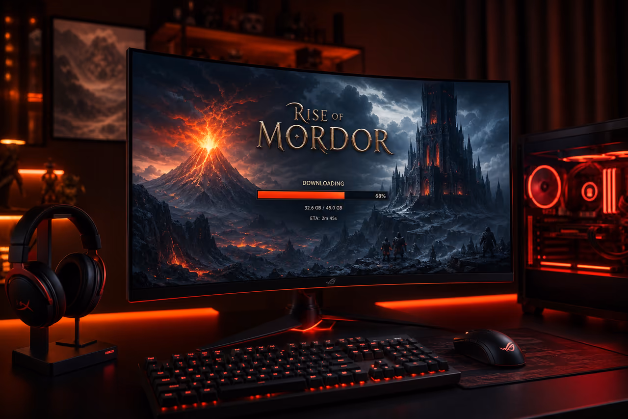 Gaming Pc Displaying Fantasy Game Download Progress