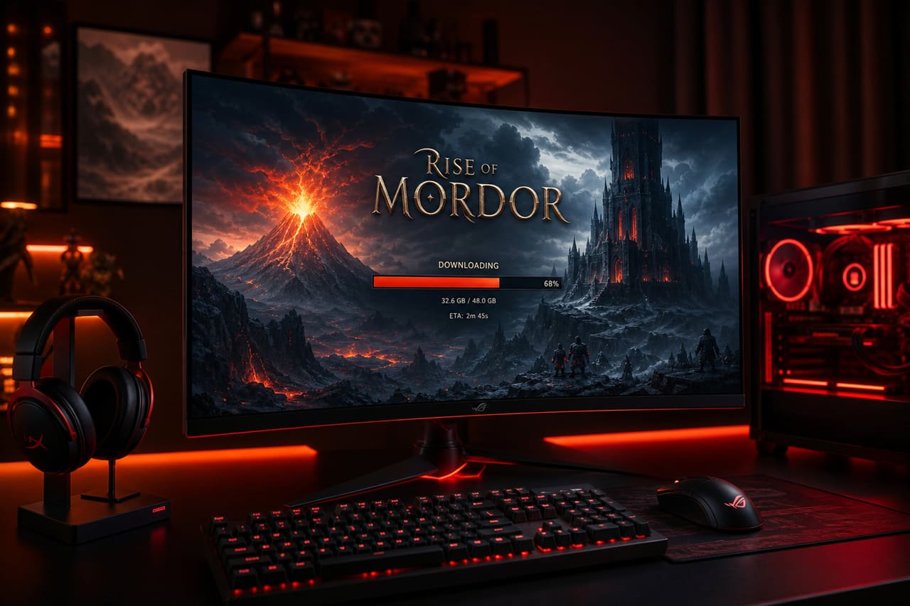 Gaming Pc Displaying Fantasy Game Download Progress