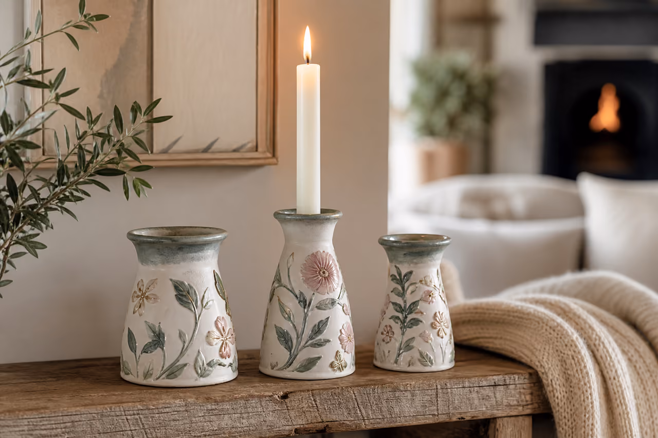 Hand Painted Ceramic Candle Holders on a Rustic Wooden Mantel