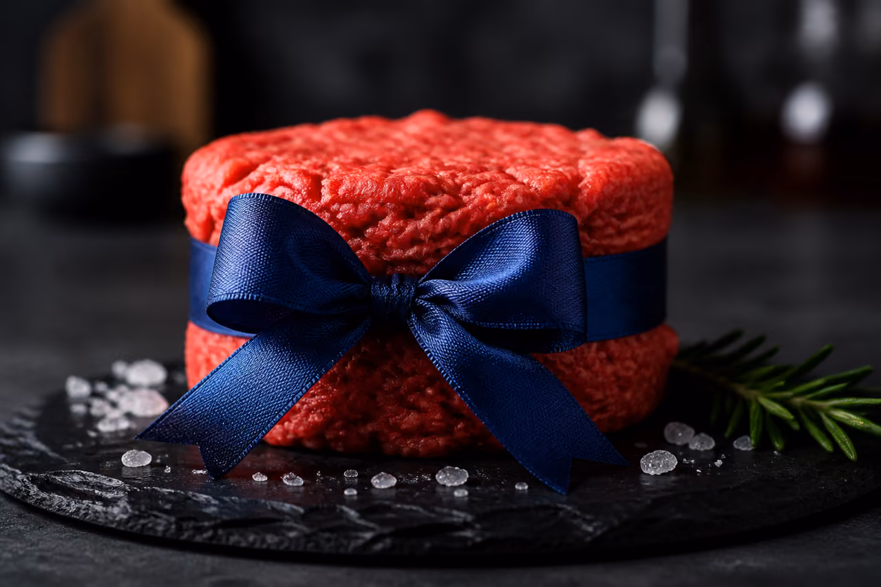 Premium Ground Beef Tied with a Blue Ribbon on Slate