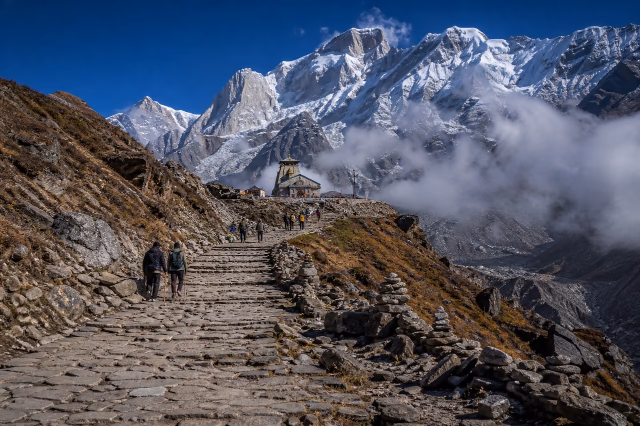 Pilgrims Trekking the Mountain Path to Kedarnath Temple
