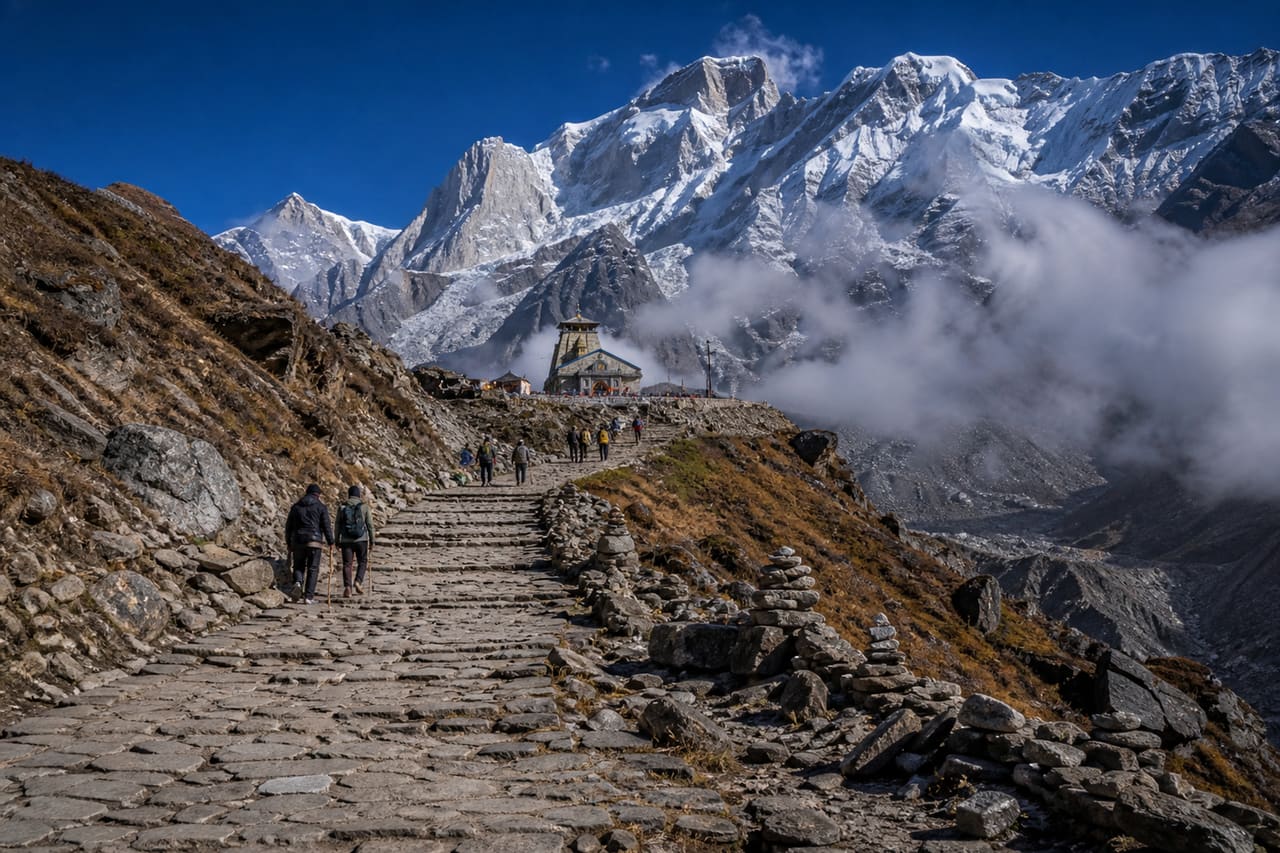 Pilgrims Trekking the Mountain Path to Kedarnath Temple
