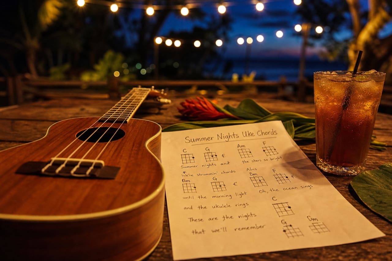 Ukulele and Chord Sheet on Table During Summer Evening