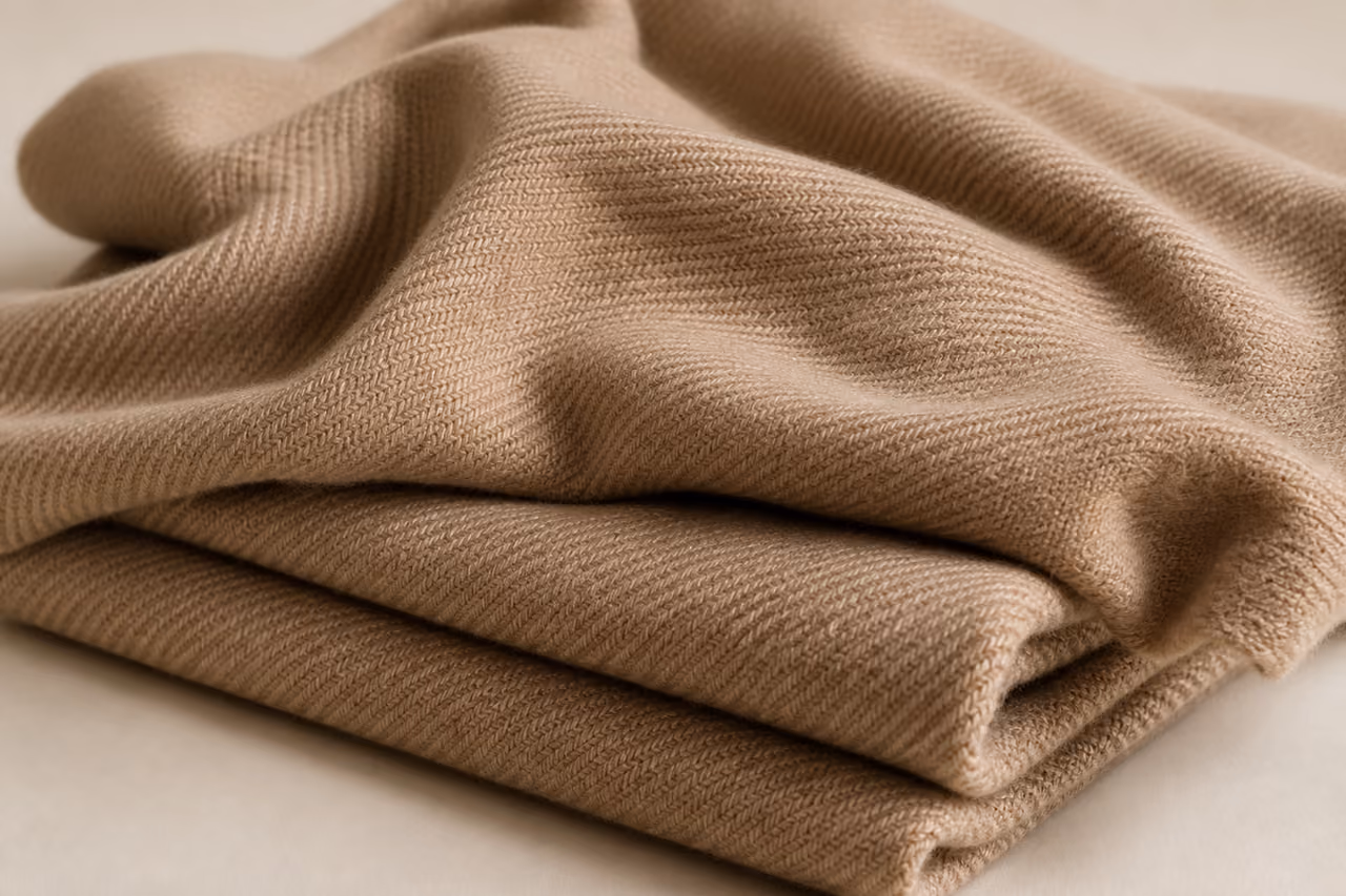 Folded Stack of Winter Fawn Fabric in Studio