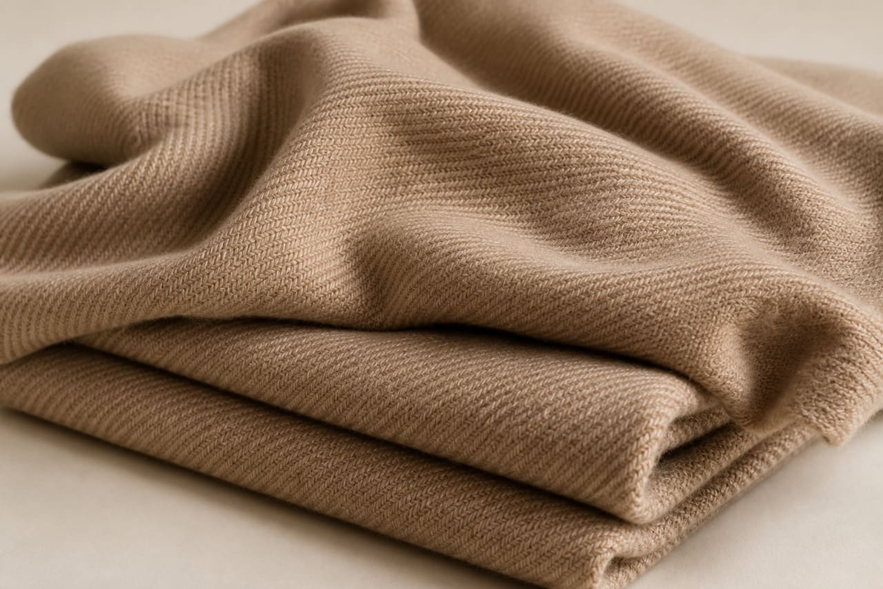 Folded Stack of Winter Fawn Fabric in Studio