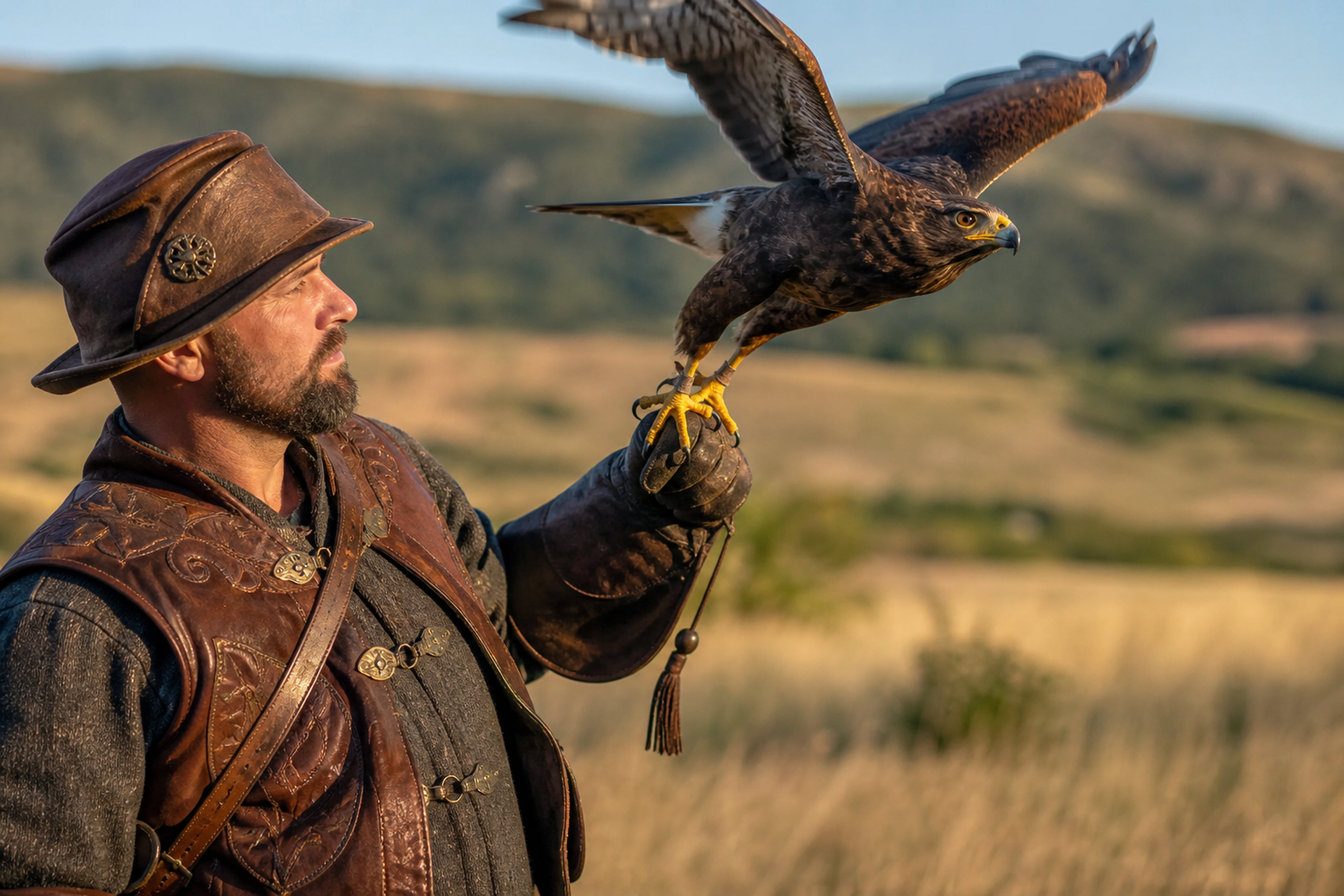 Falconer Releasing a Raptor During a Flight Hop Blend