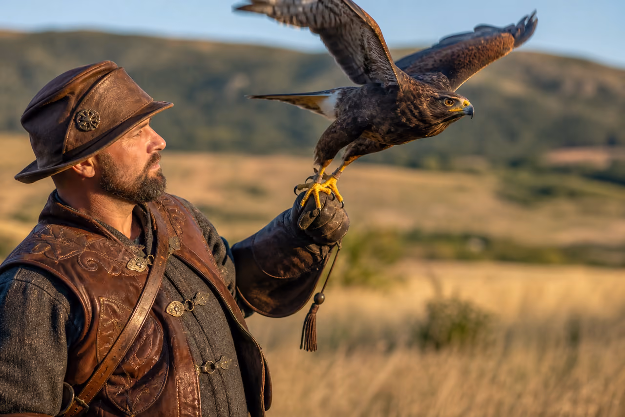 Falconer Releasing a Raptor During a Flight Hop Blend
