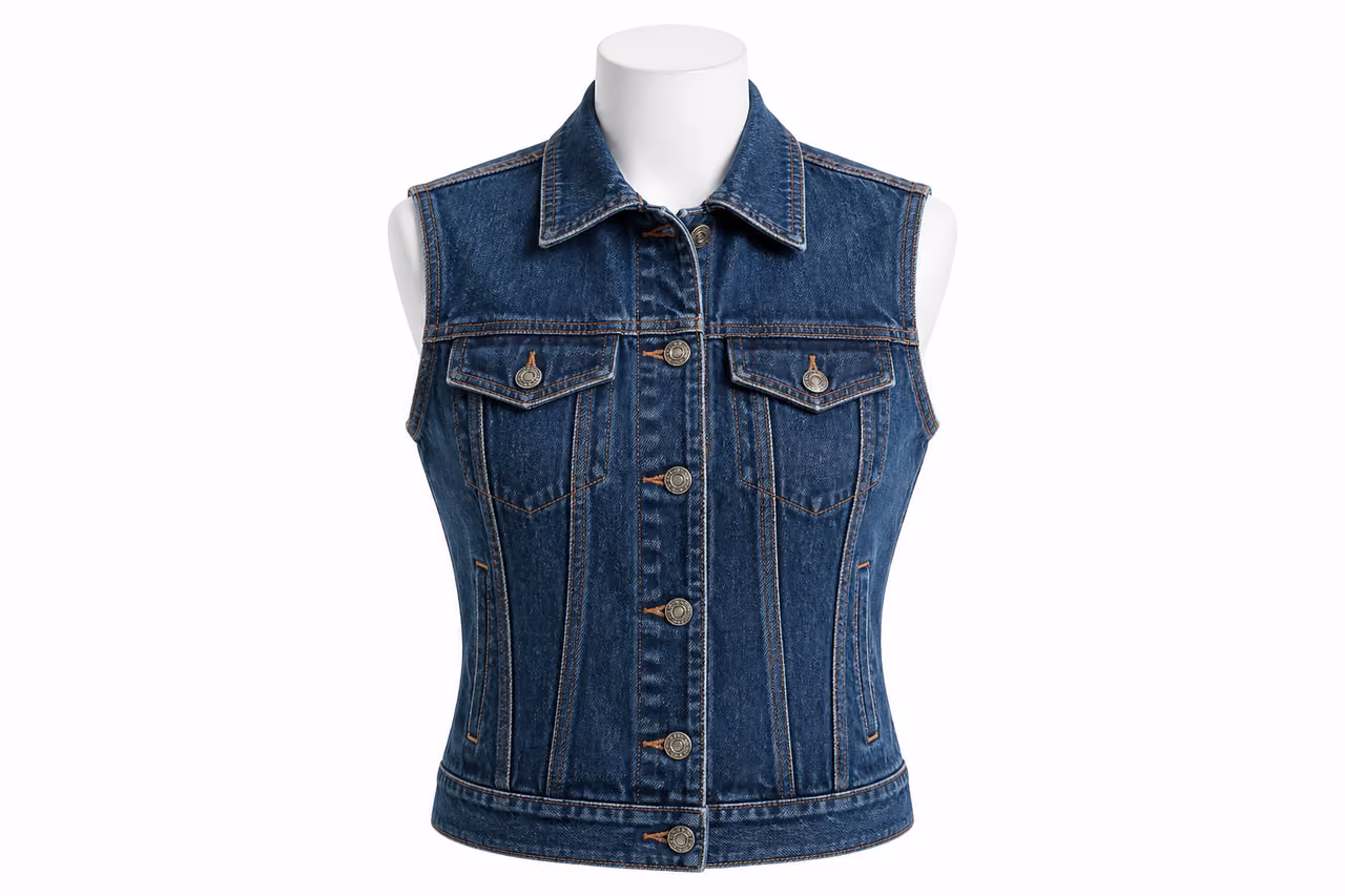 Indigo Denim Sleeveless Jacket on a White Background
