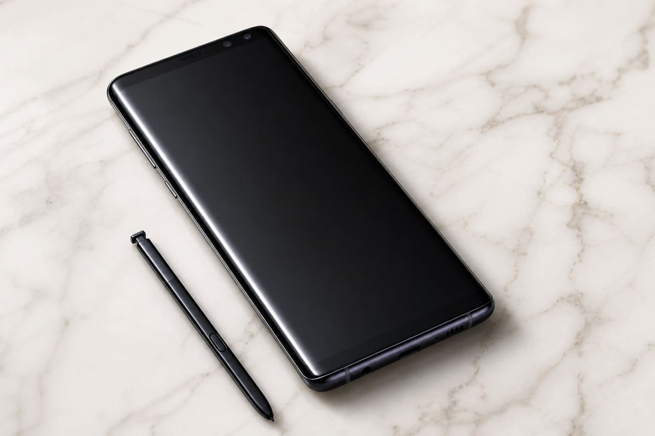 Note Galaxy Note 8 Smartphone and Stylus on Marble Surface