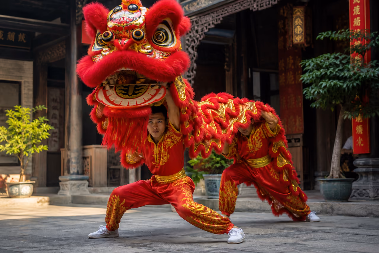 Performers Practicing Basic Steps of Lion Dance in Courtyard