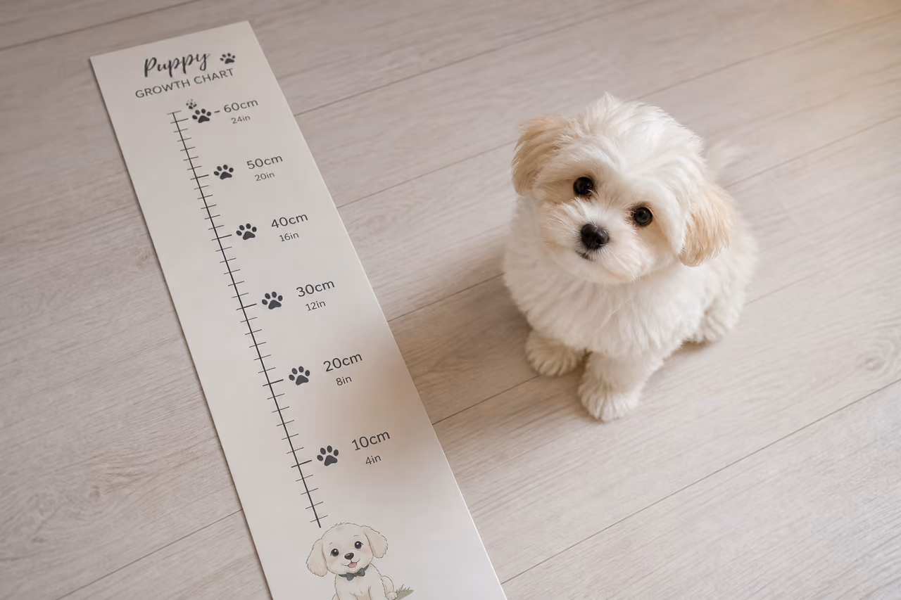 Small Breed Puppy Sitting Beside a Small Dog Growth Chart
