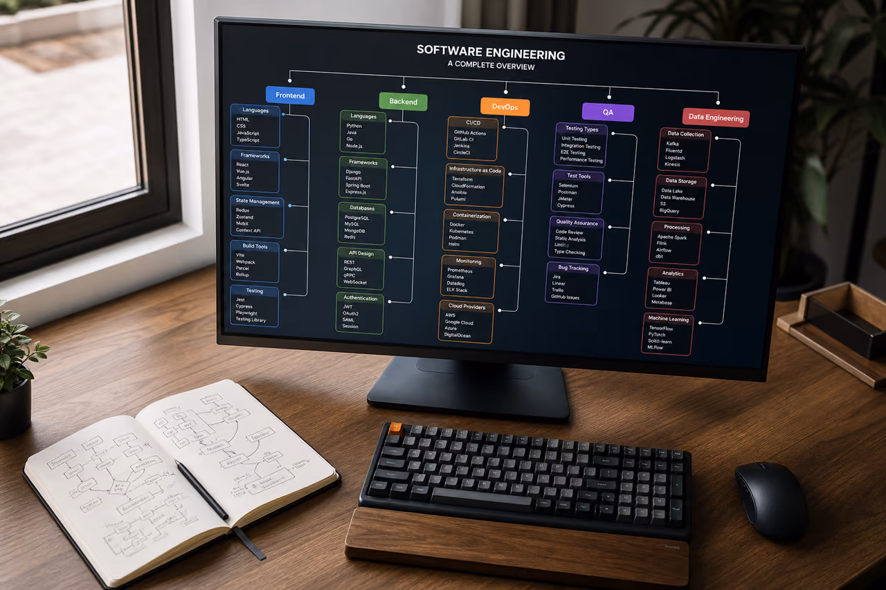 Software Engineering Categories Diagram on a Modern Computer Monitor