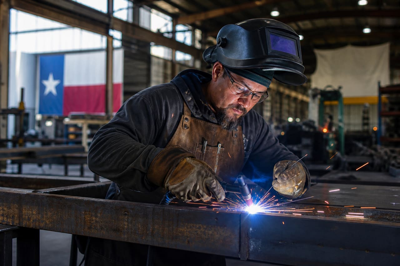 Professional Welder Working in a Texas Industrial Fabrication Shop