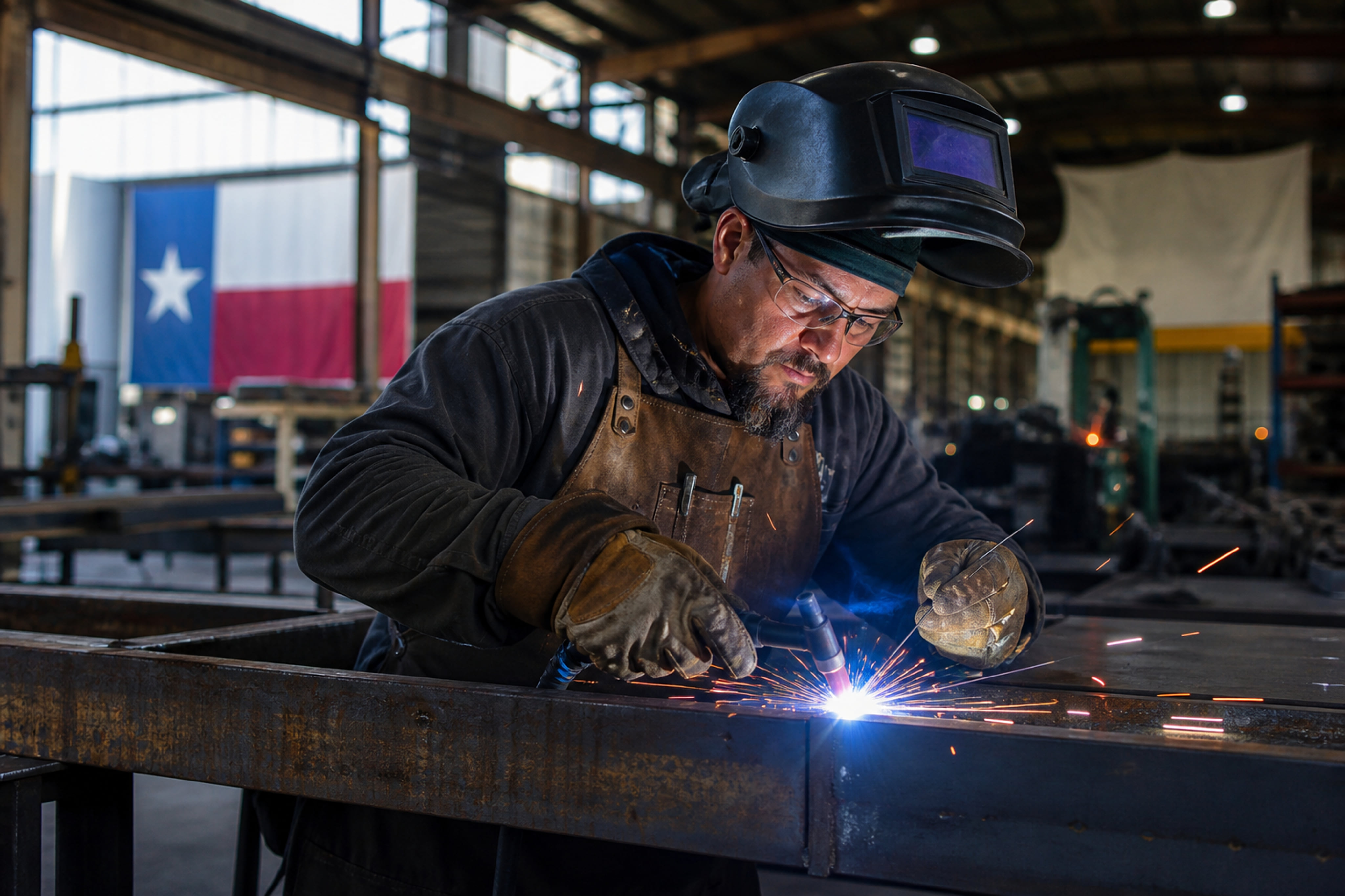 Professional Welder Working in a Texas Industrial Fabrication Shop