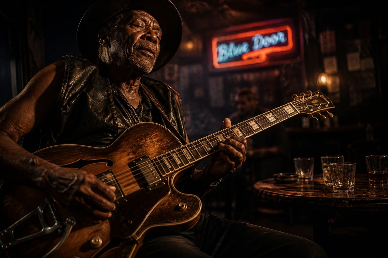 Seasoned Musician Playing Electric Guitar in Smoky Blues Bar