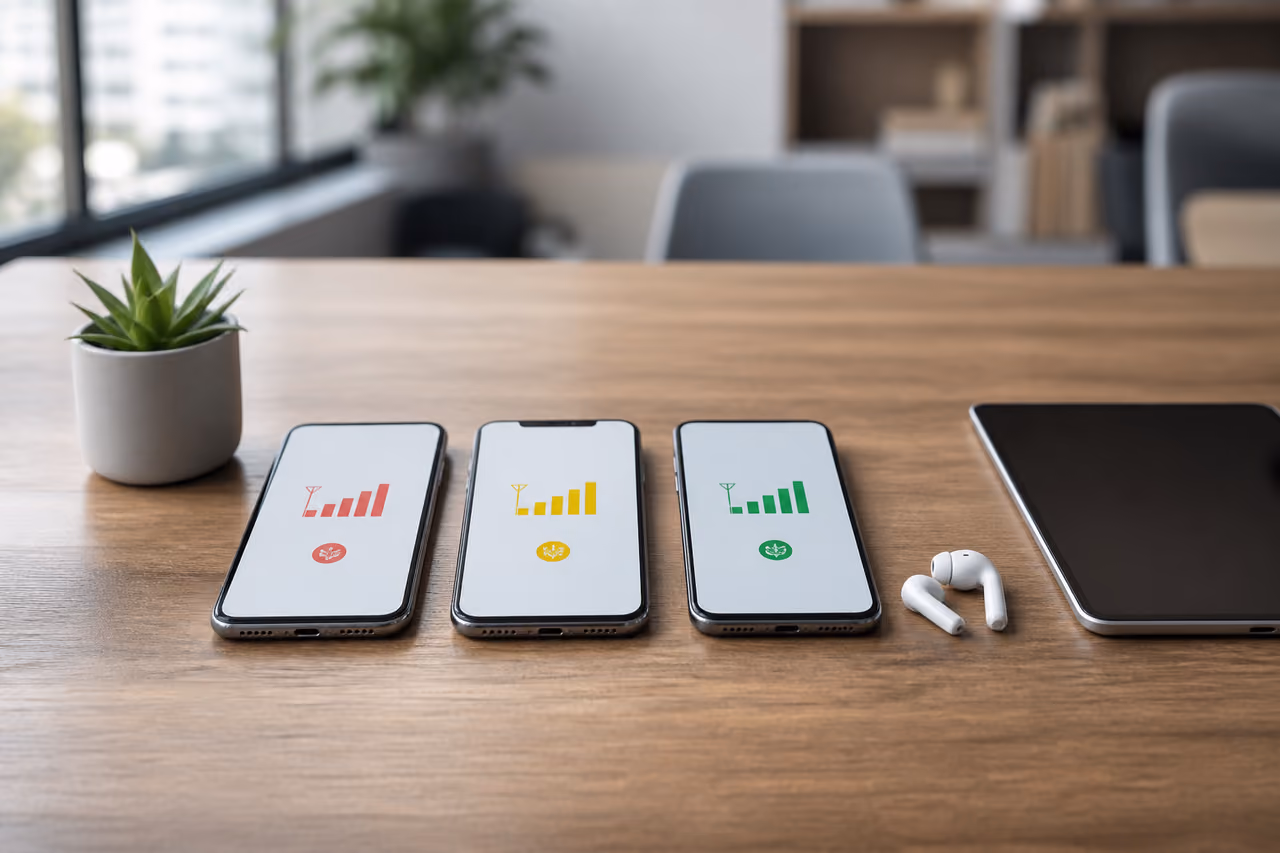 Multiple Smartphones Displaying Network Signals on Office Desk