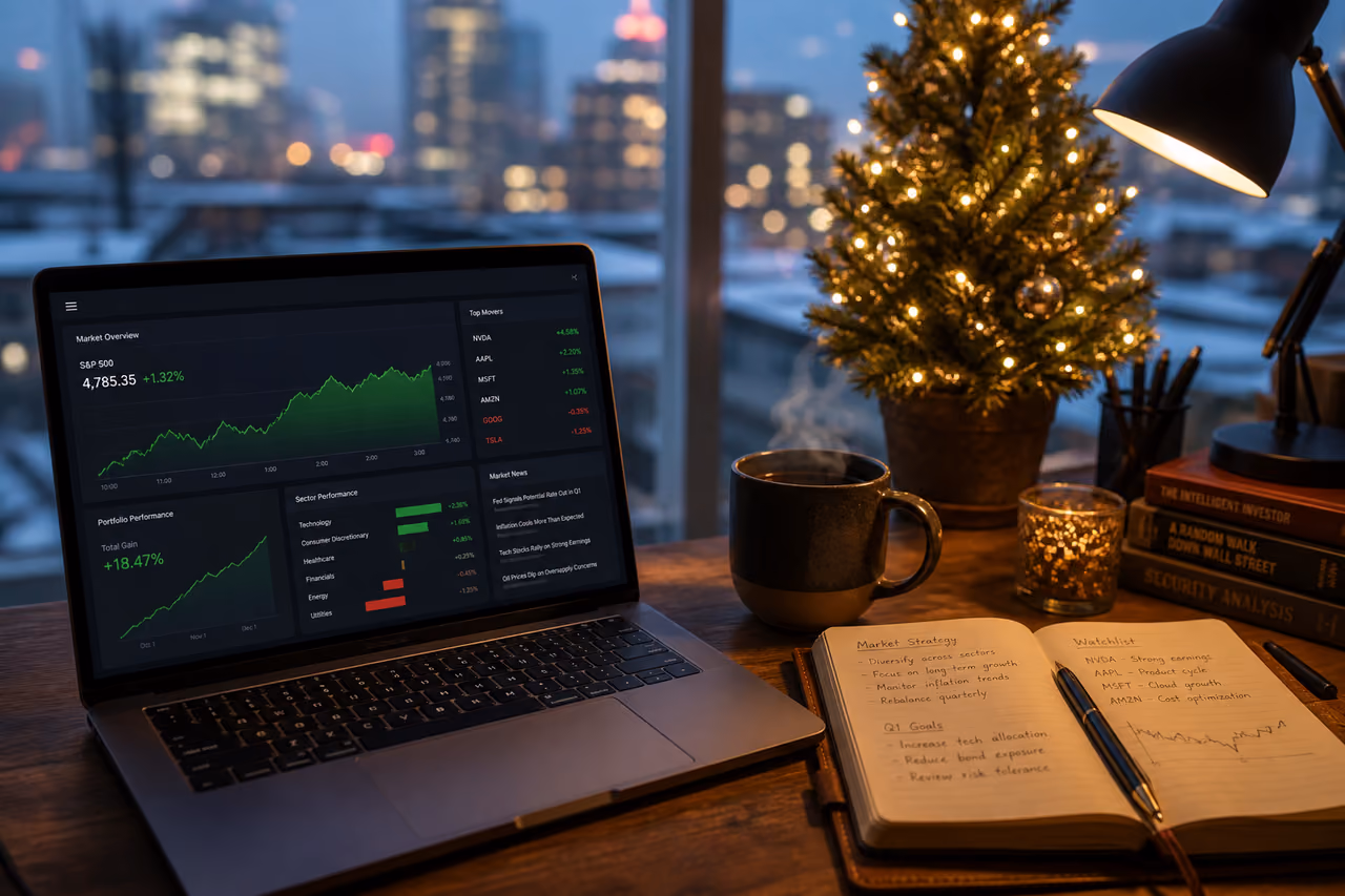 Investor Analyzing Stock Market Charts Beside a Small Christmas Tree