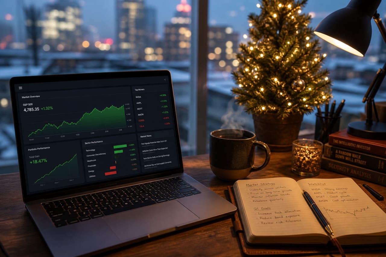 Investor Analyzing Stock Market Charts Beside a Small Christmas Tree